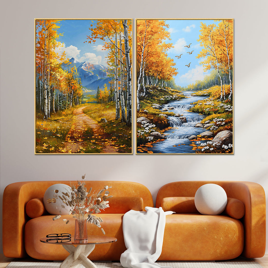 Autumn Pathways Framed Canvas Painting & Wall Decoration Item - Set of 2