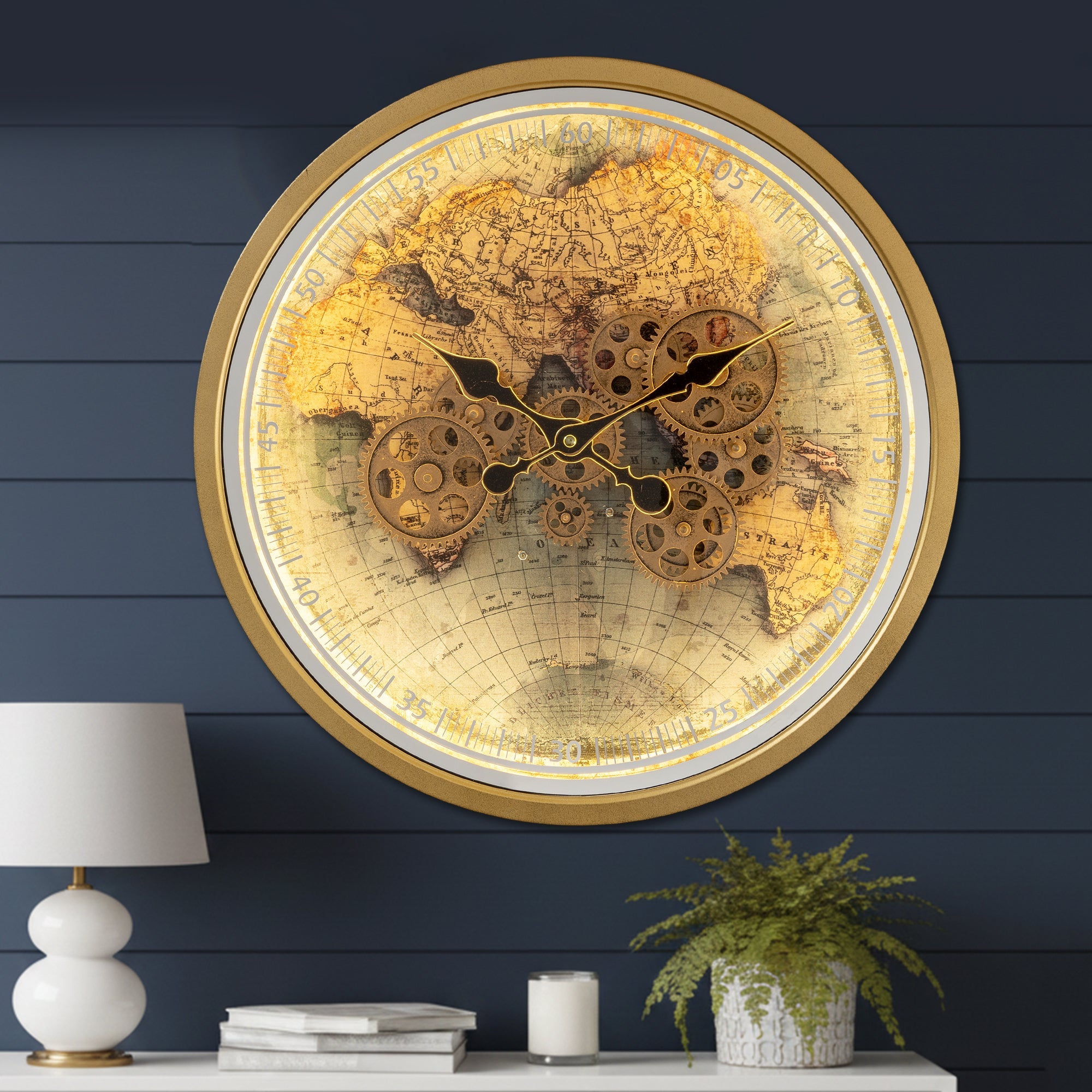 Timeless World Luxury Designer Wall Clock For Living Room With Moving Gear Mechanism Buy Wall Clock Online - Medium (Steel Body) (With Light & Remote)