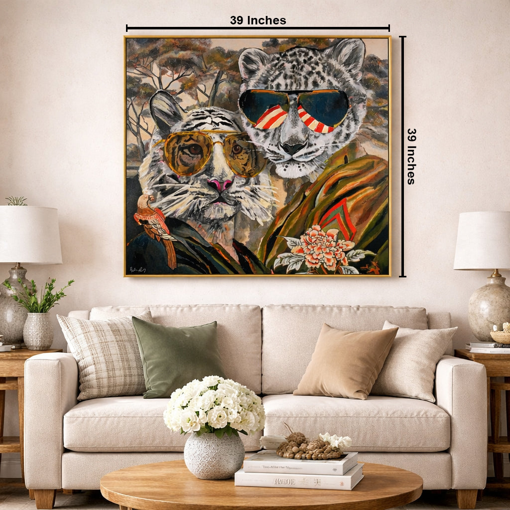 Aviator Wildcats: Where Nature Meets Urban Cool by Heather Perry 100% Hand Wall Painting (With Outer Floater Frame frame) ( 39 x 39 Inches )