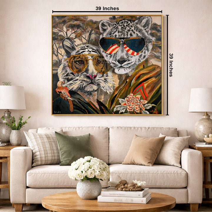 Aviator Wildcats: Where Nature Meets Urban Cool by Heather Perry 100% Hand Wall Painting (With Outer Floater Frame frame) ( 39 x 39 Inches )