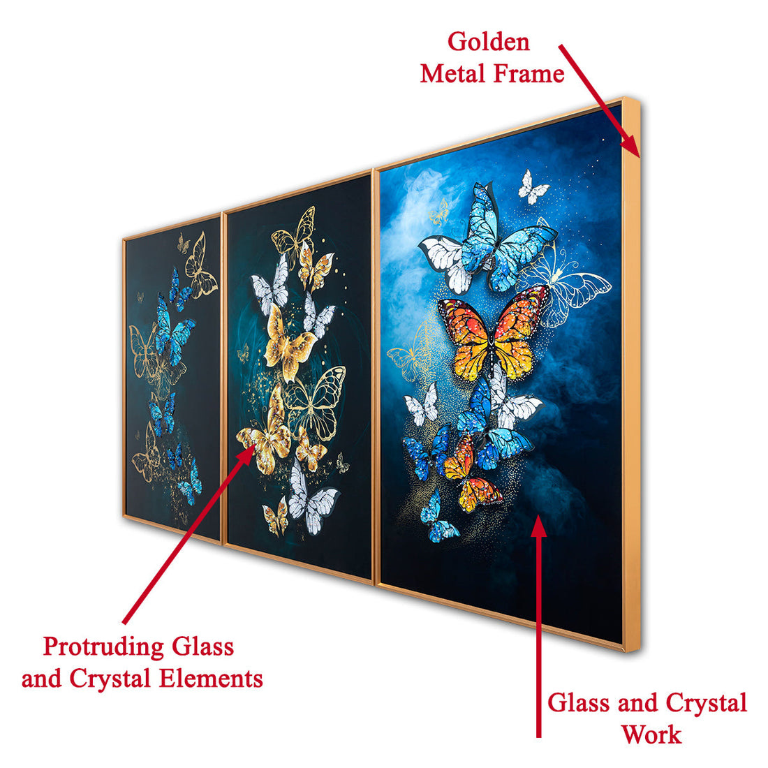 Beauteous Butterflies Framed Crystal Glass Decorative Colorful Wall Painting for Home Wall - Set of 3