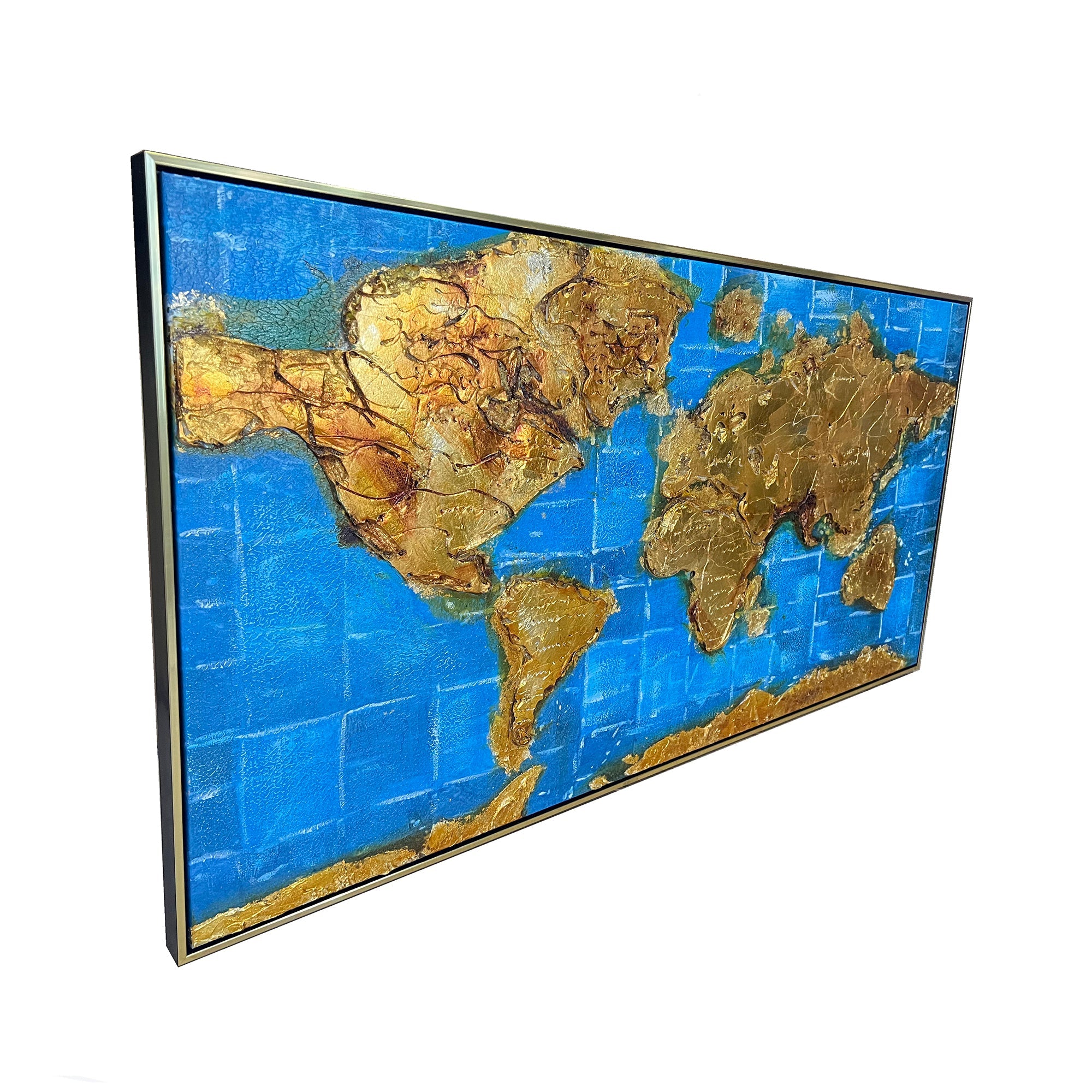 Global Odyssey World Map 100% Hand Painted Wall Painting (With Golden Outer Floater Frame frame) (27.5x55 Inches)