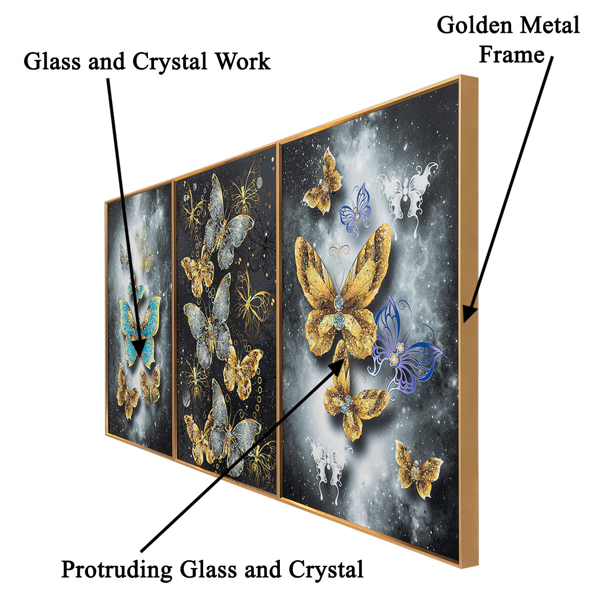 Wings of Euphoria Crystal Glass Decorative Wall Paintings For Wall Decoration at Home - Set of 3