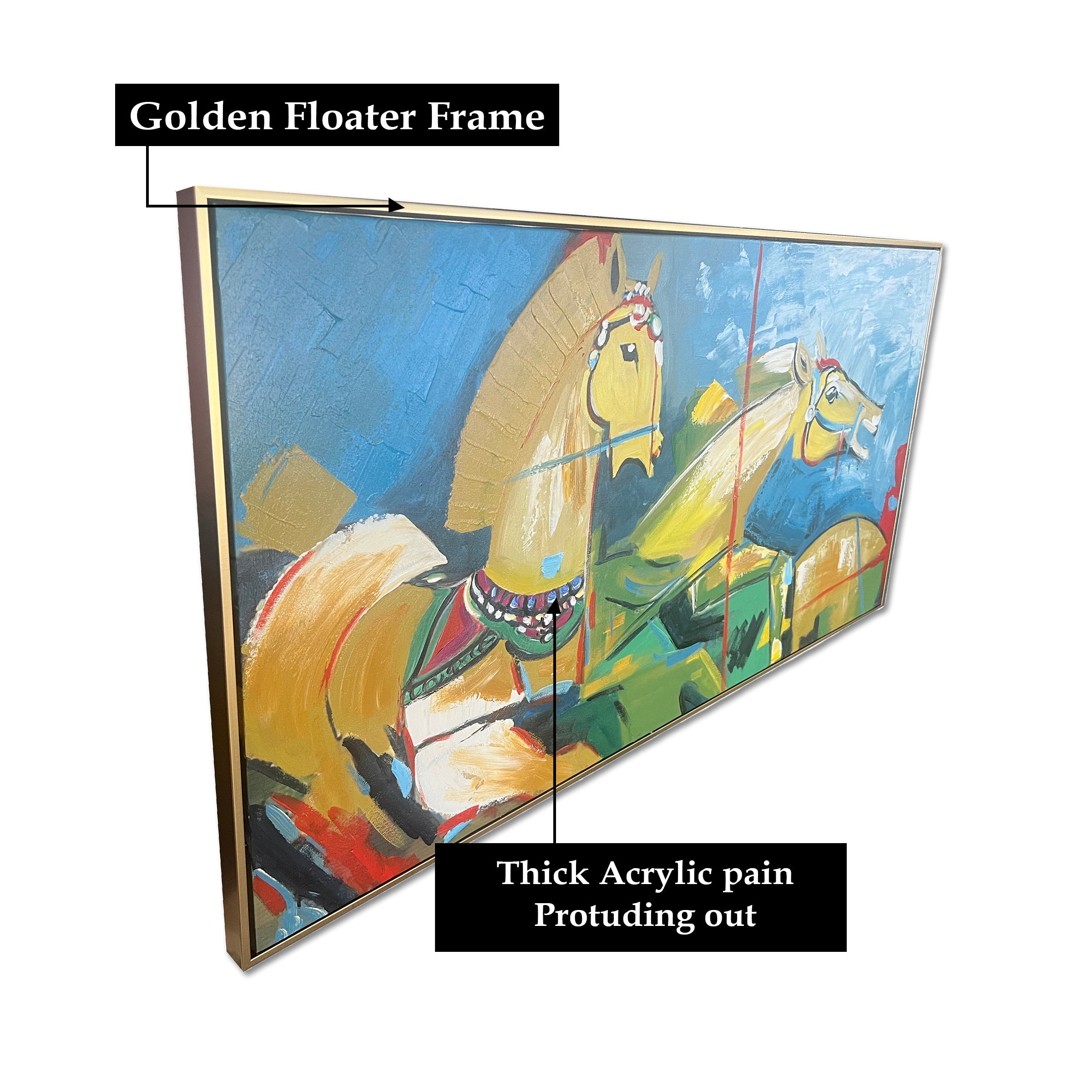 Dynamic Horses Wall Spectacle Hand Wall Painting For Home (outer Floater Frame )  (55 x 28 Inches)