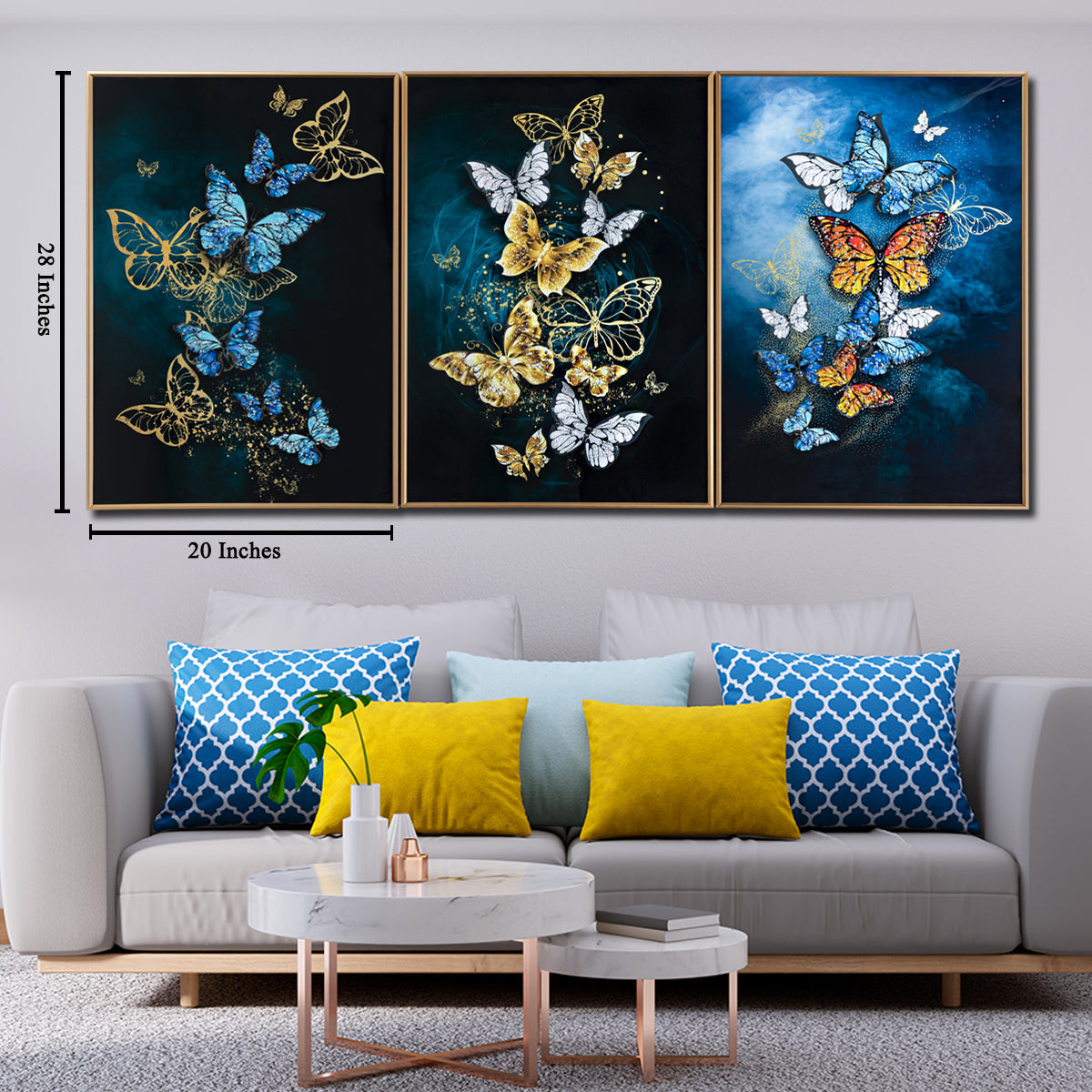 Beauteous Butterflies Framed Crystal Glass Decorative Colorful Wall Painting for Home Wall - Set of 3