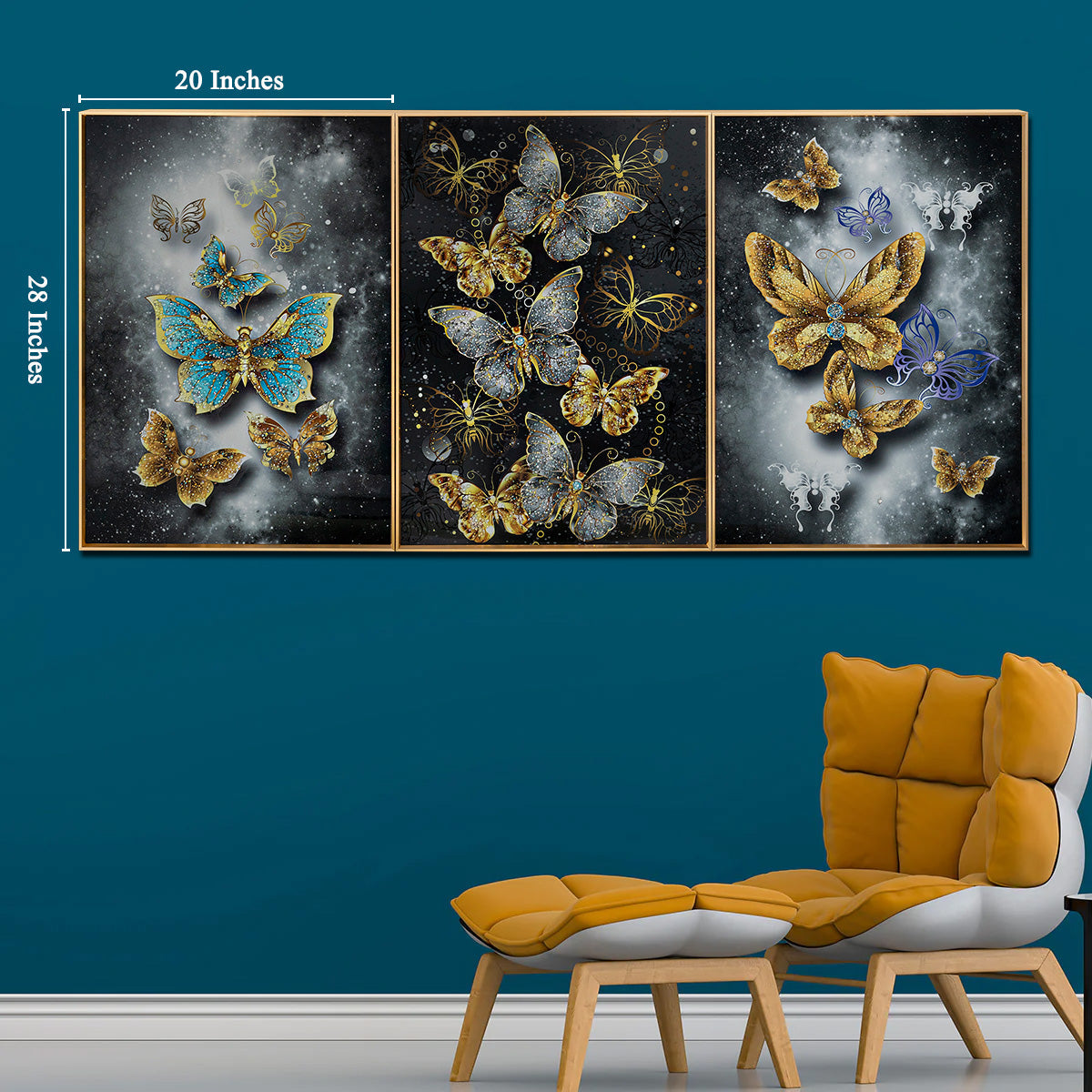 Wings of Euphoria Crystal Glass Decorative Wall Paintings For Wall Decoration at Home - Set of 3