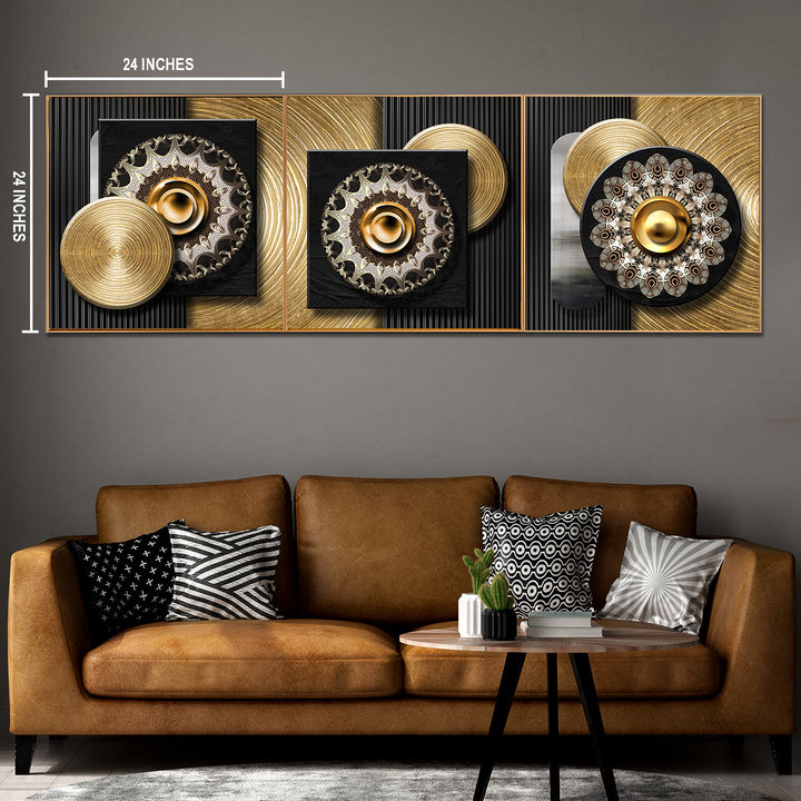 Golden Orbit Canvas Wall Art Print - Set Of 3