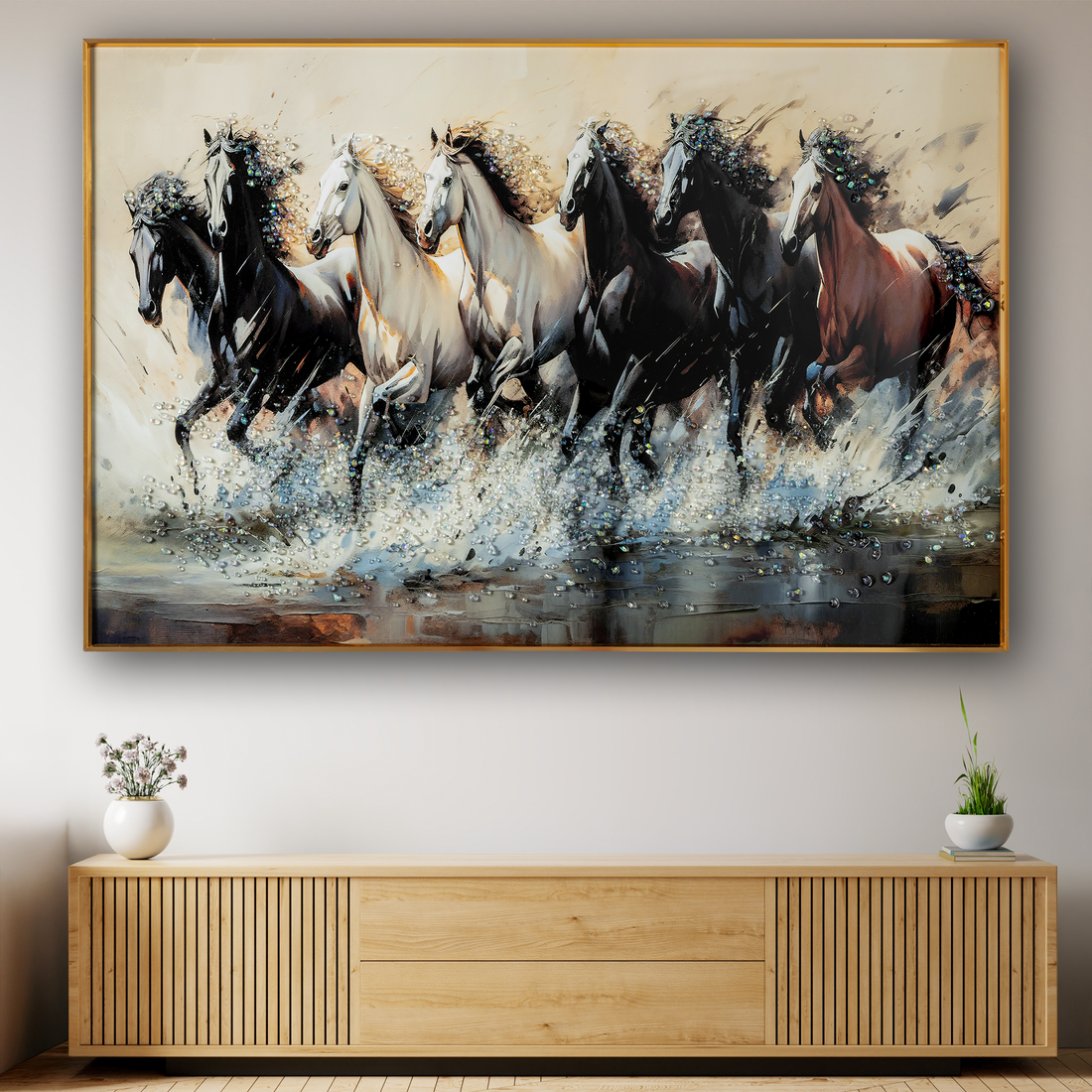 Seven Running Horses Wild Crystal Glass Painting - Medium