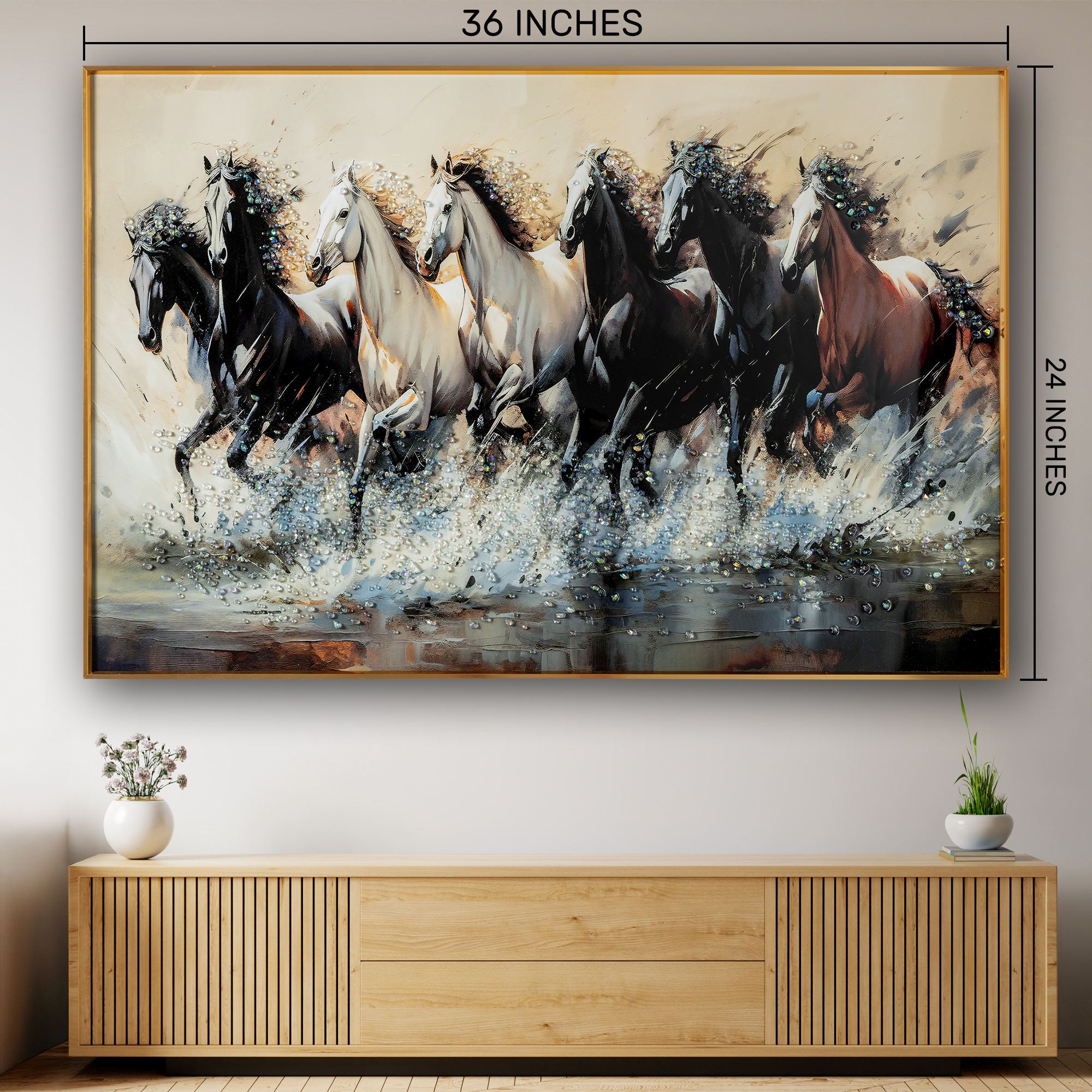 Seven Running Horses Wild Crystal Glass Painting - Medium