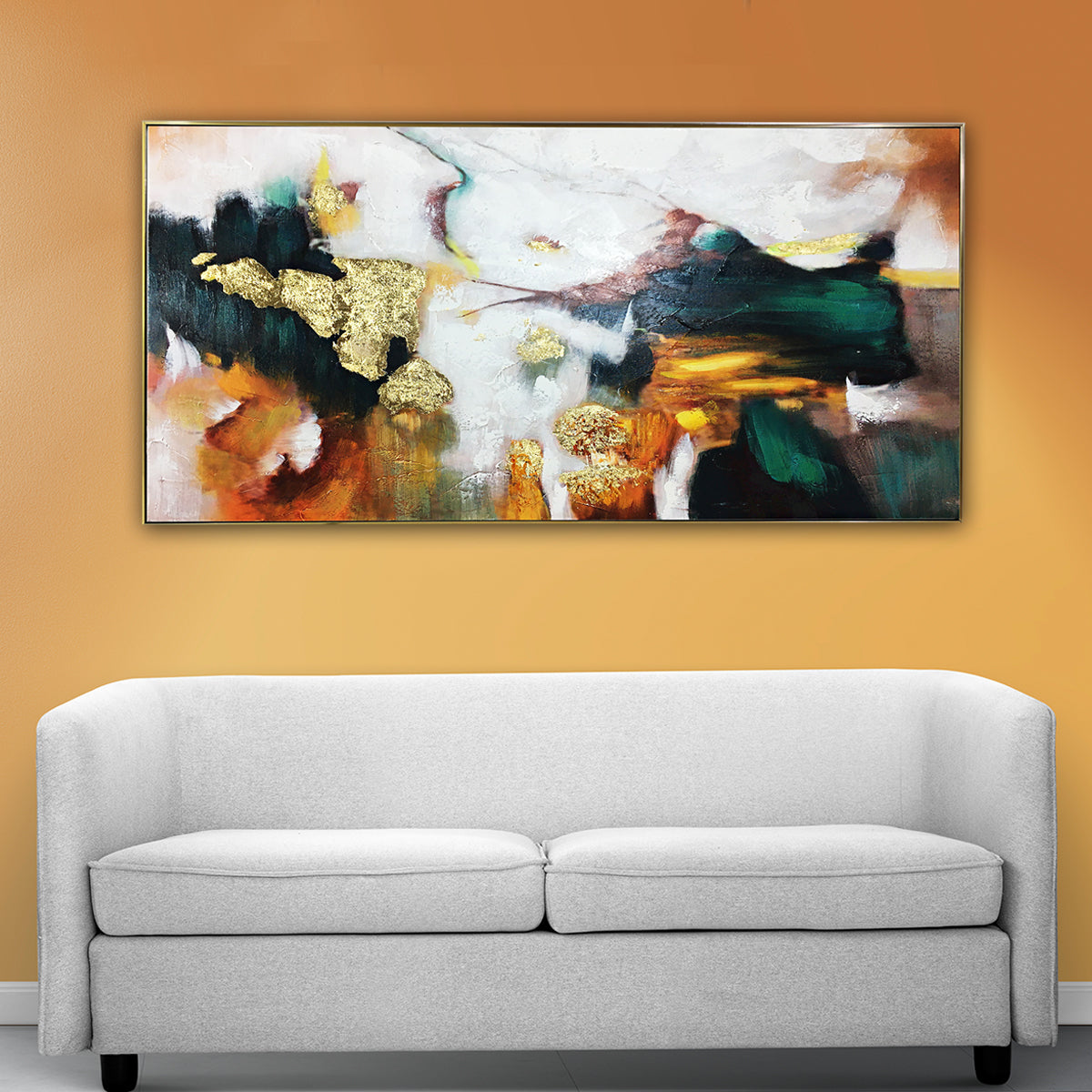 The Artistic Green & Gold Foil 100% Hand painted Decorative Wall Painting Art (With Outer Floater Frame) (28 x 56 Inches)