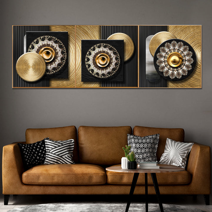 Golden Orbit Canvas Wall Art Print - Set Of 3