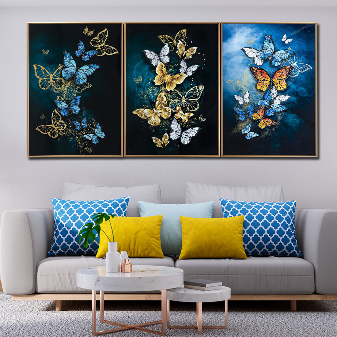 Beauteous Butterflies Framed Crystal Glass Decorative Colorful Wall Painting for Home Wall - Set of 3