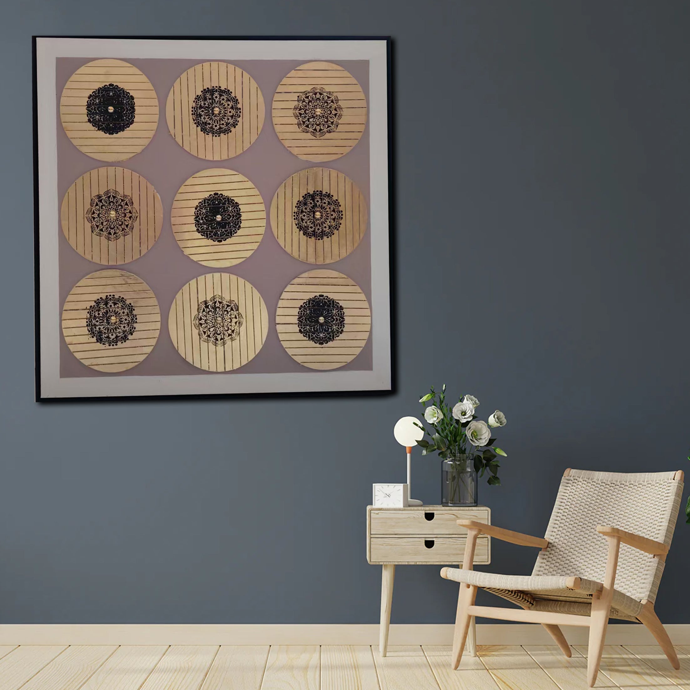 Radiant Circle Wall Hand Paintings for Home (Comes With an Outer Floater Frame) (40x40 Inches)