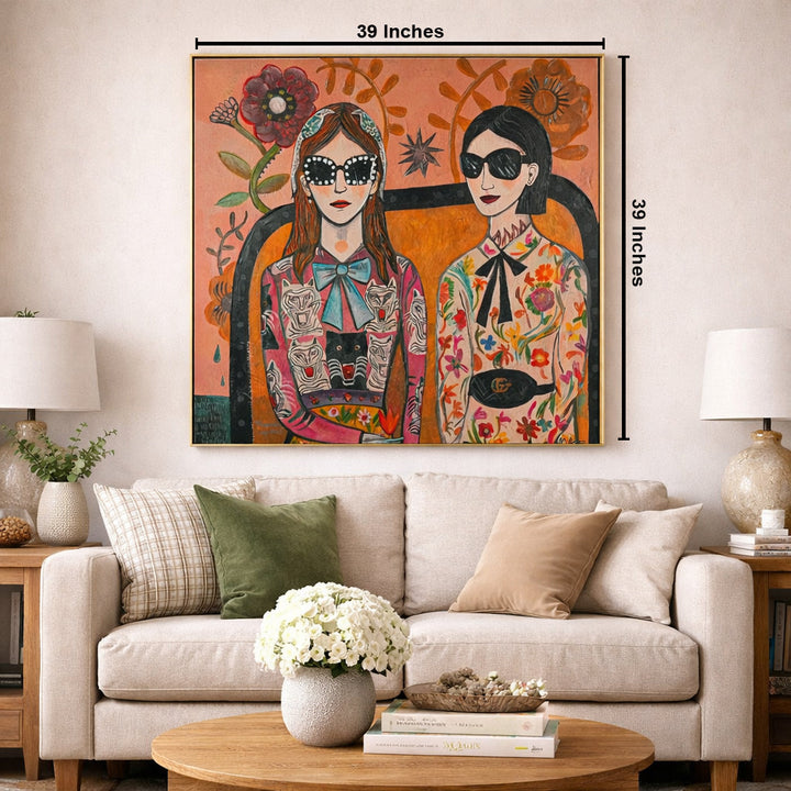 Floral & Feline Fashionistas by Mercedes Lagunas 100% Hand Painted Wall Painting (With Outer Floater Frame frame) ( 39 x 39 Inches )