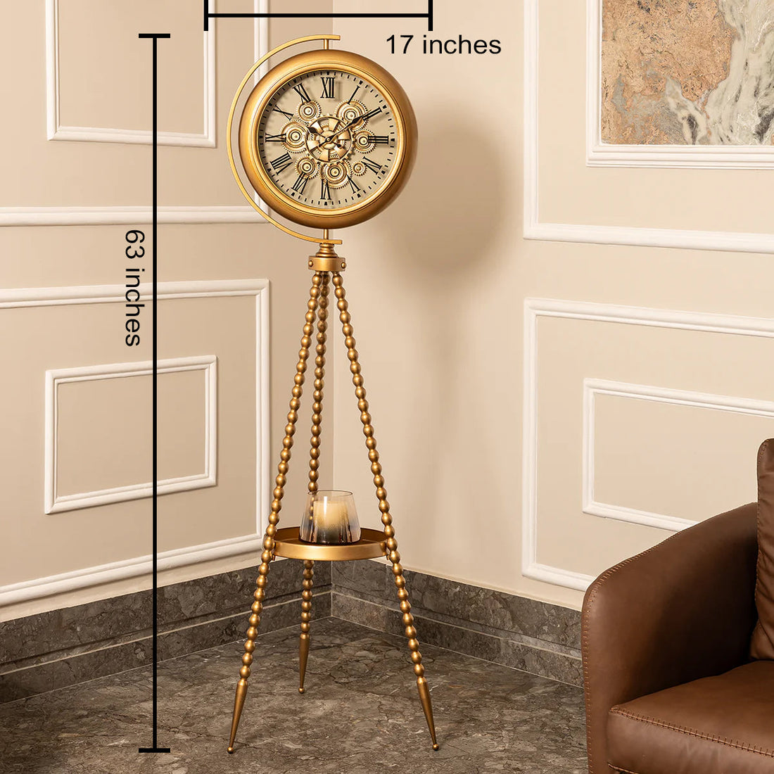 Golden Meridian Tripod Base Luxury Designer Standing Clock With Moving Gear Mechanism Buy Floor Clock Online - Ribbed (Steel Body)