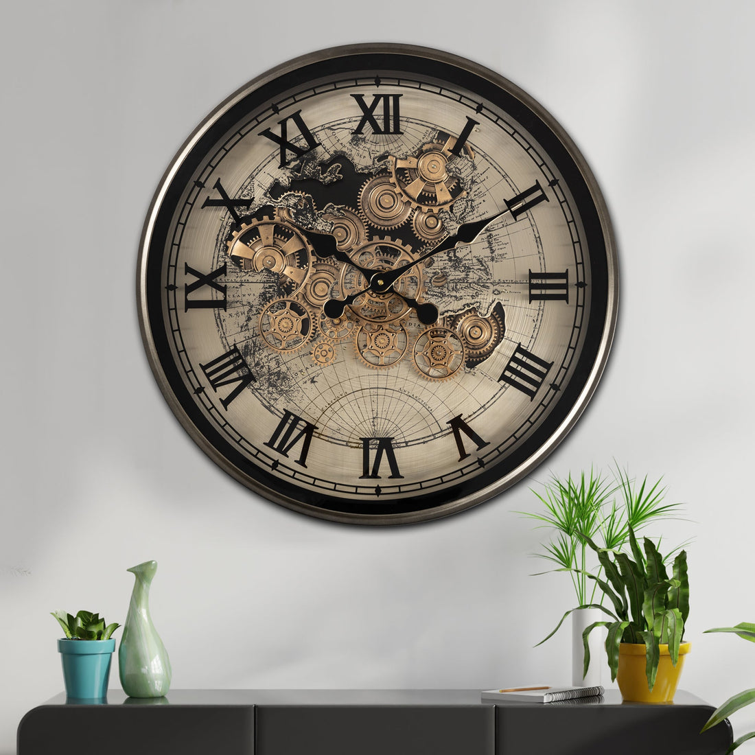 Phantom Dial Luxury Designer Wall Clock For Living Room With Moving Gear Mechanism Buy Wall Clock Online - Big (Black) (Steel Body)