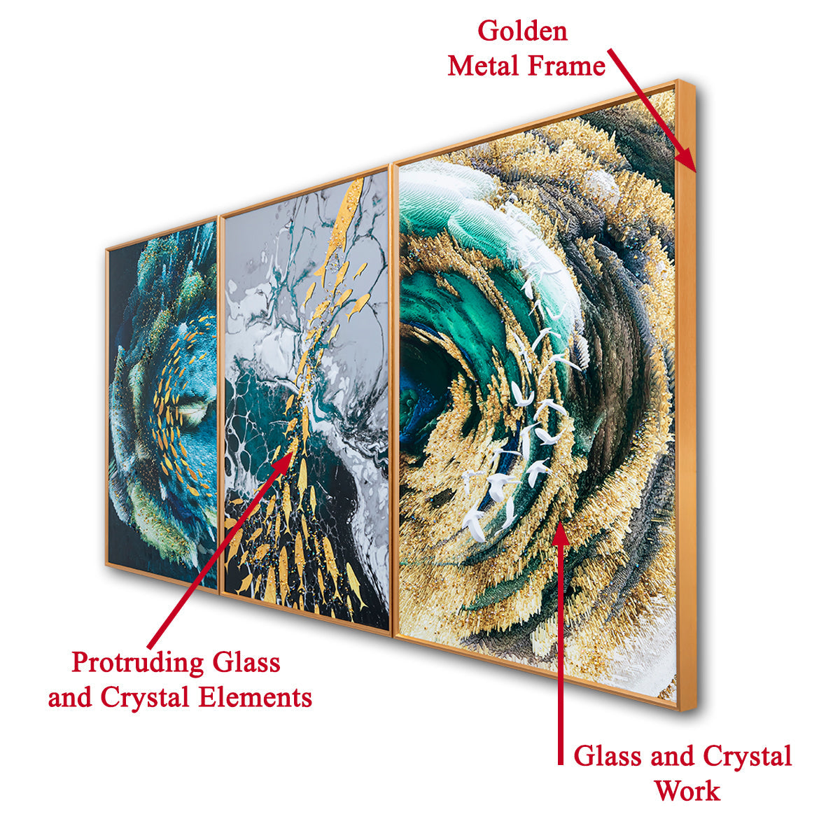 Aqua Contemporary Abstract Framed Crystal Glass Colorful Paintings for Living Room - Set of 3