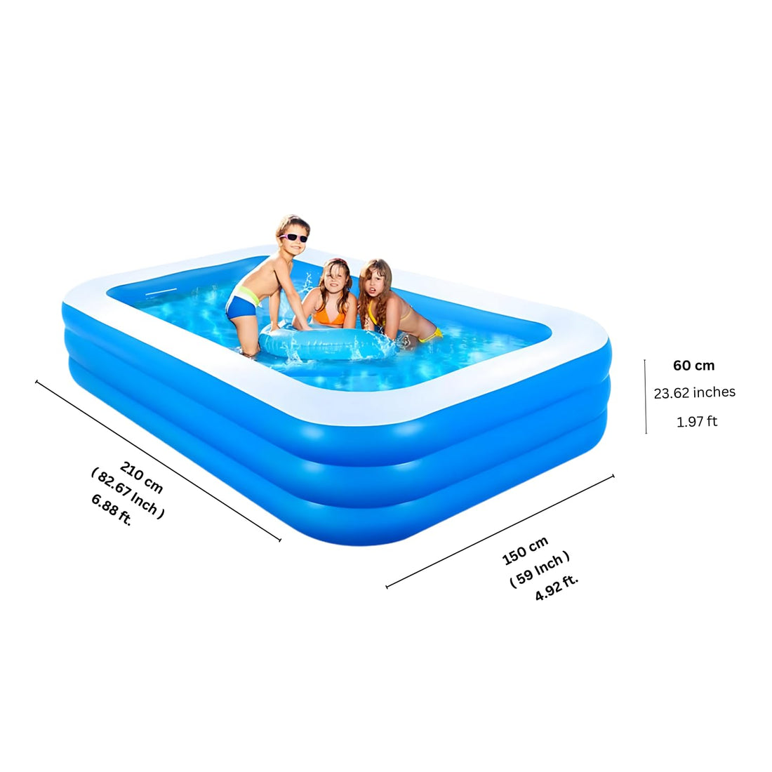 Inflatable Swimming Pool | Durable PVC 3 Layer Thick Pool for Kids & Adults, Backyard Fun | Easy Setup & Maintenance | (210 * 150 * 60 Cm / 82.67" X 59" X 23.6") - (Blue) (7-Feet) Air Pump included