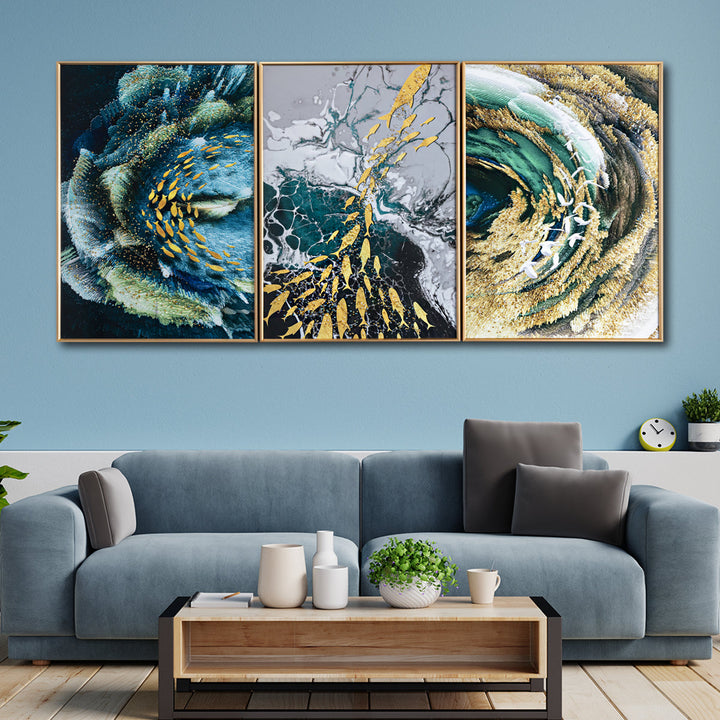 Aqua Contemporary Abstract Framed Crystal Glass Colorful Paintings for Living Room - Set of 3