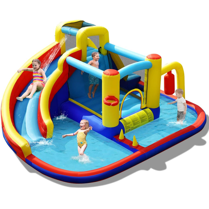 Inflatable Water Slide Bounce House, 6-in-1 Kids Water Park Jump Castle