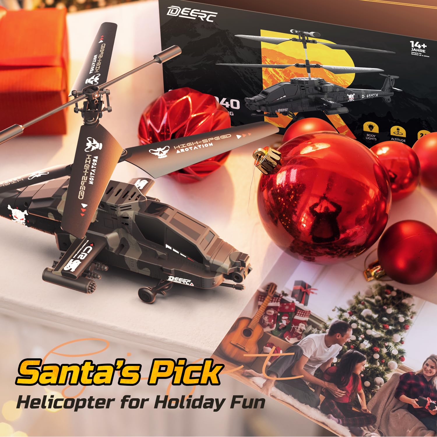 DEERC RC Helicopter, RC Plane for Kids and Adults, 2.4GHz Remote Control Helicopter, 30 Mins Flight Time, LED Lights & Altitude Hold, 2 Batteries, Kids Toy for Ages 8-12, Black