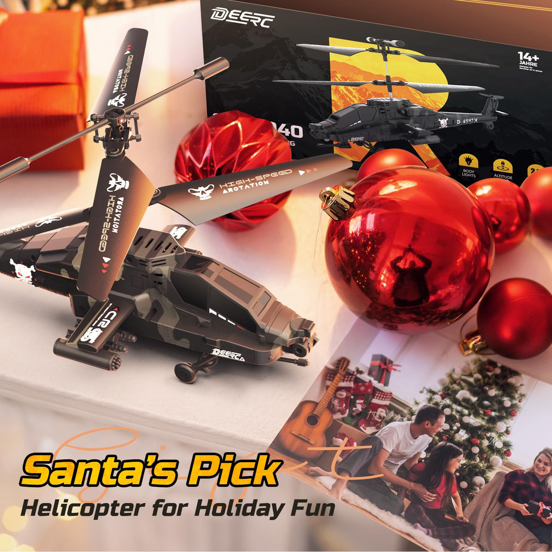 DEERC RC Helicopter, RC Plane for Kids and Adults, 2.4GHz Remote Control Helicopter, 30 Mins Flight Time, LED Lights & Altitude Hold, 2 Batteries, Kids Toy for Ages 8-12, Black