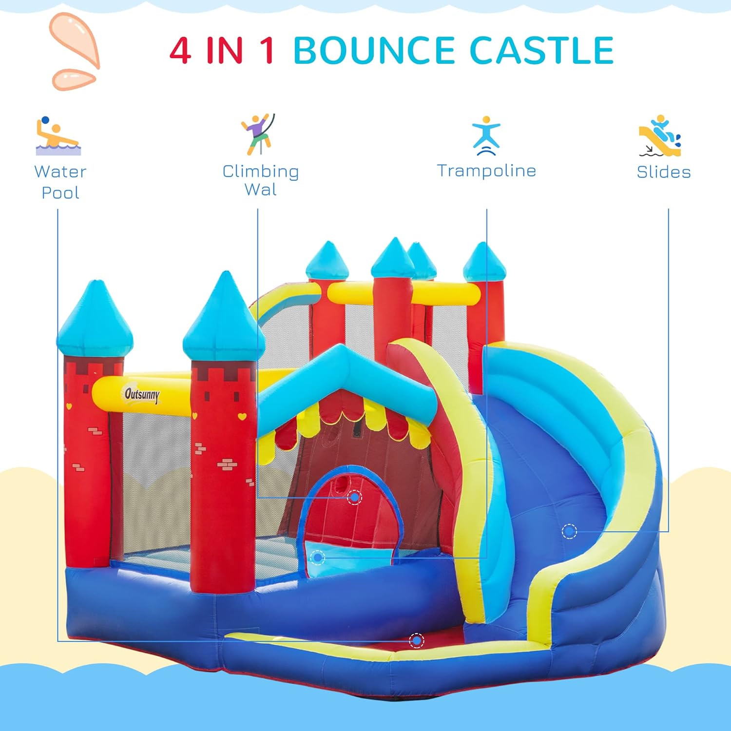 Outsunny 4 in 1 Inflatable Bounce House Kids Bounce Castle Include Trampoline