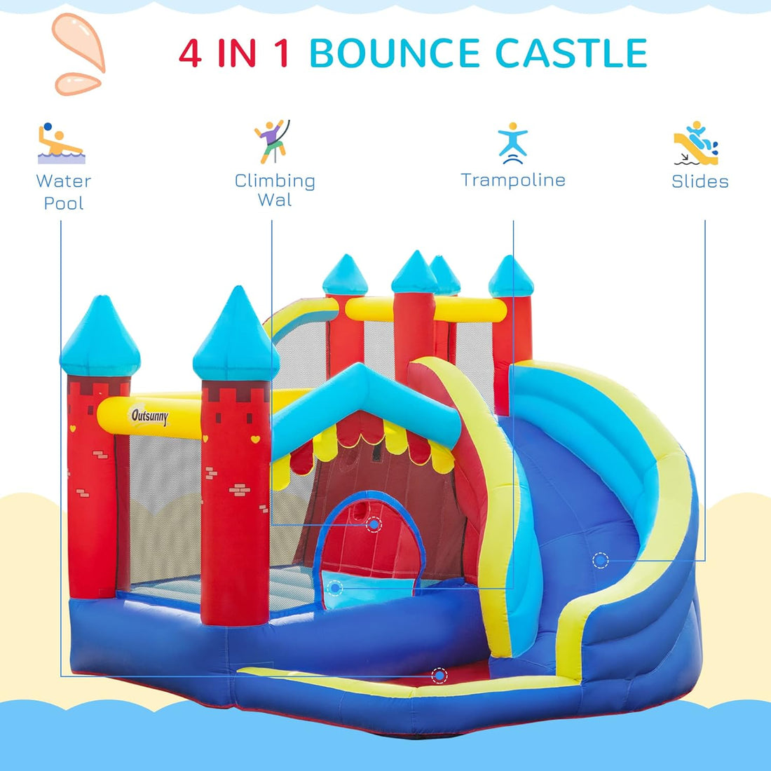 Outsunny 4 in 1 Inflatable Bounce House Kids Bounce Castle Include Trampoline