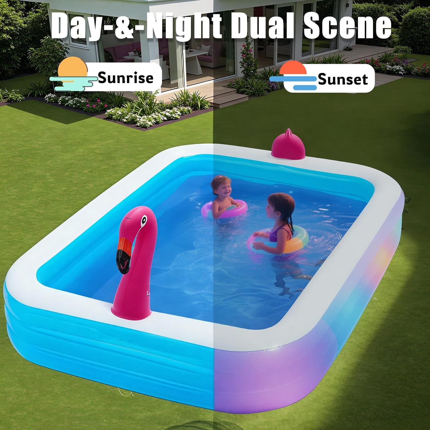 Inflatable Pool with Lights, Upgraded Family Inflatable Swimming Pool for Kids in Backyard- Large, Thickened, Ideal for Kids & Adults, Flamingo Blue with air blower