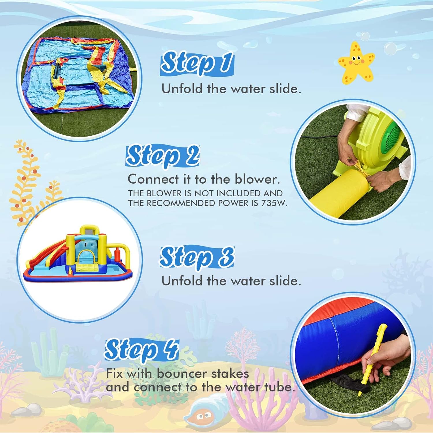 Inflatable Water Slide Bounce House, 6-in-1 Kids Water Park Jump Castle