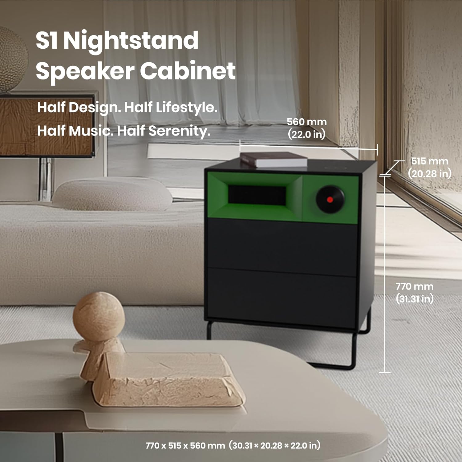 Smart Nightstand Speaker S1, Bluetooth Wireless Charging Speaker Nightstand with Fingerprint Lock, Ambient Light, USB & Type-C Ports, 2 Drawers Bedside Table for Bedroom, Living Room
