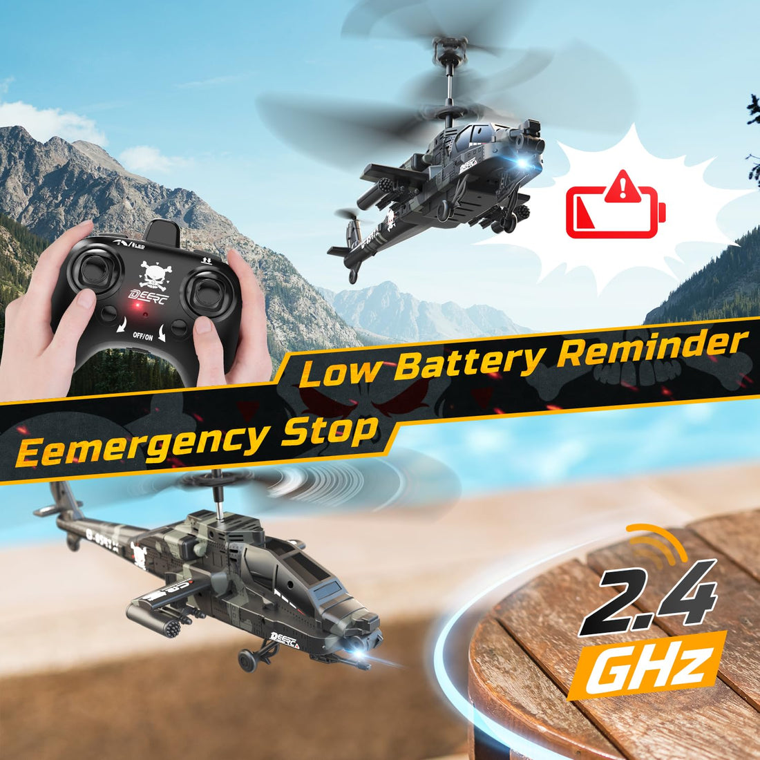 DEERC RC Helicopter, RC Plane for Kids and Adults, 2.4GHz Remote Control Helicopter, 30 Mins Flight Time, LED Lights & Altitude Hold, 2 Batteries, Kids Toy for Ages 8-12, Black