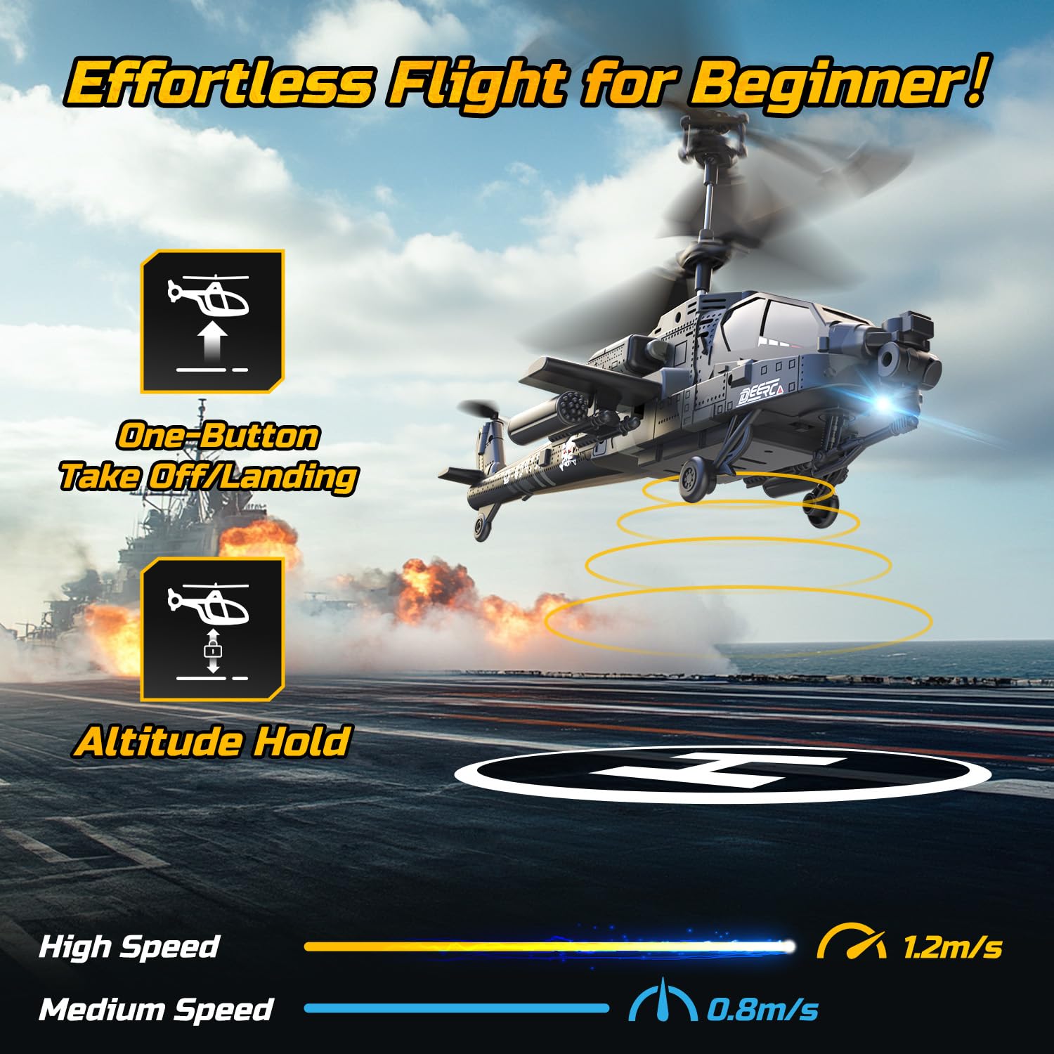 DEERC RC Helicopter, RC Plane for Kids and Adults, 2.4GHz Remote Control Helicopter, 30 Mins Flight Time, LED Lights & Altitude Hold, 2 Batteries, Kids Toy for Ages 8-12, Black
