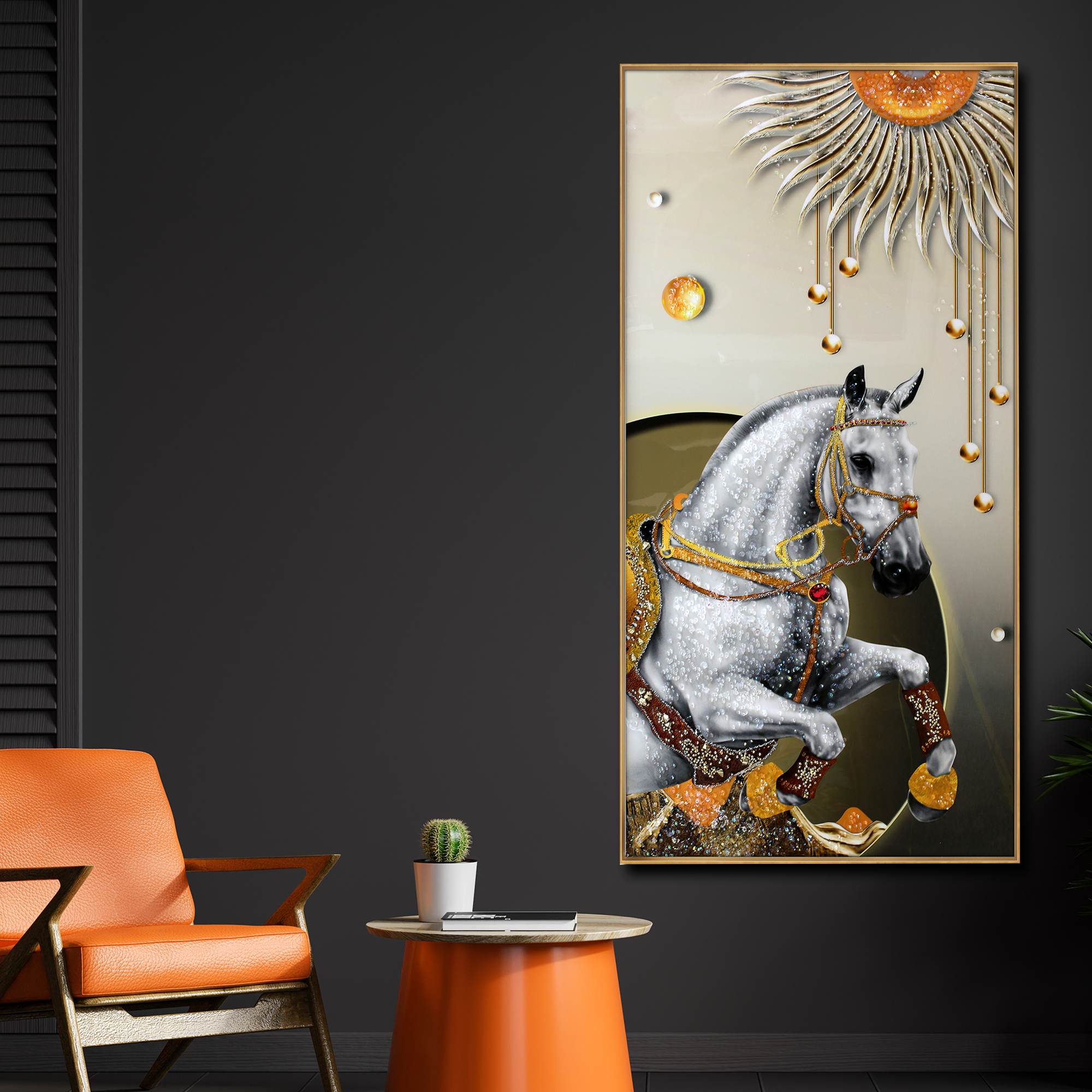 Golden Equine Elegance Crystal Glass Wall Decor Paintings for Home & Wall Decoration items