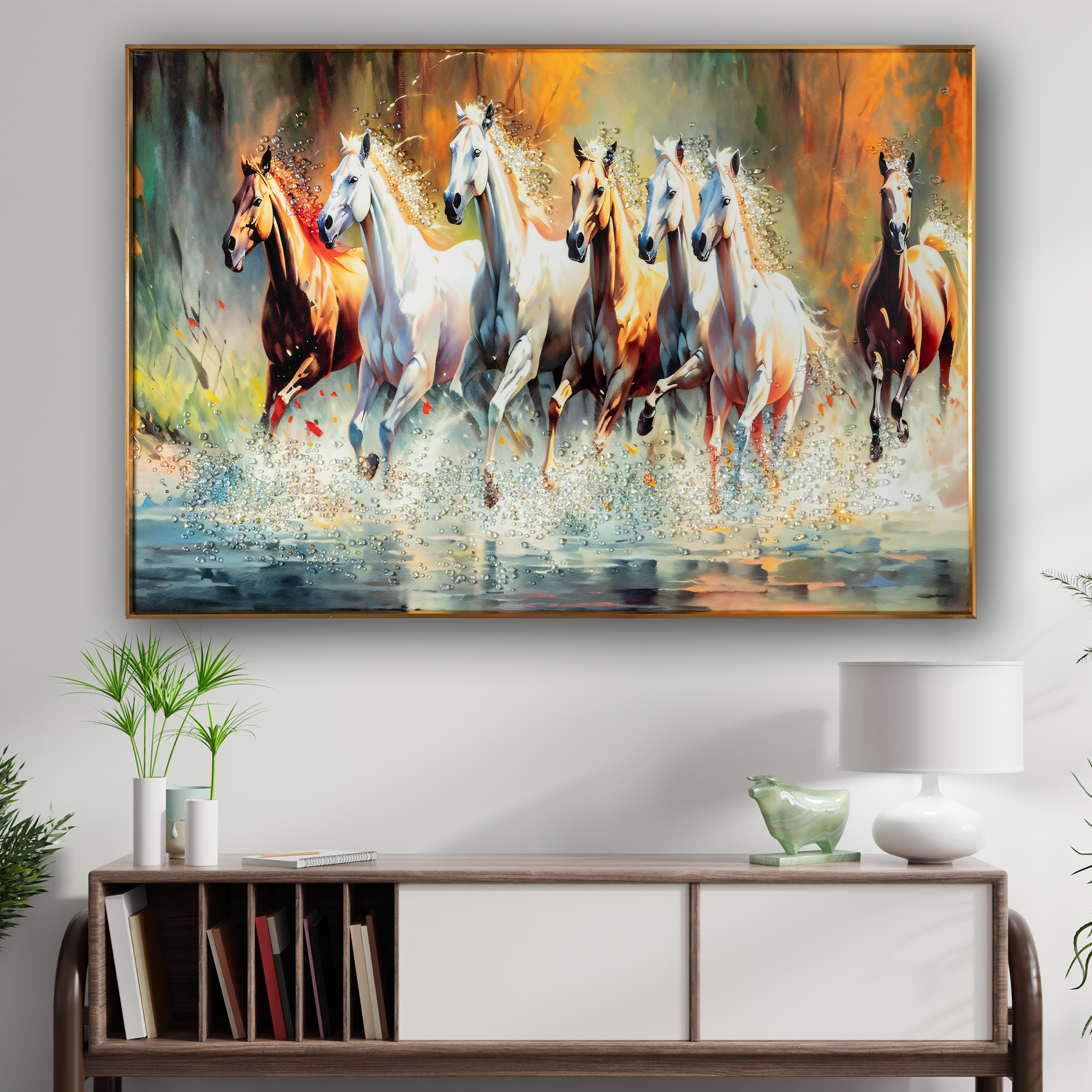 Seven Running Horses Whisper in the Wind Crystal Glass Painting for Wall Art - Medium