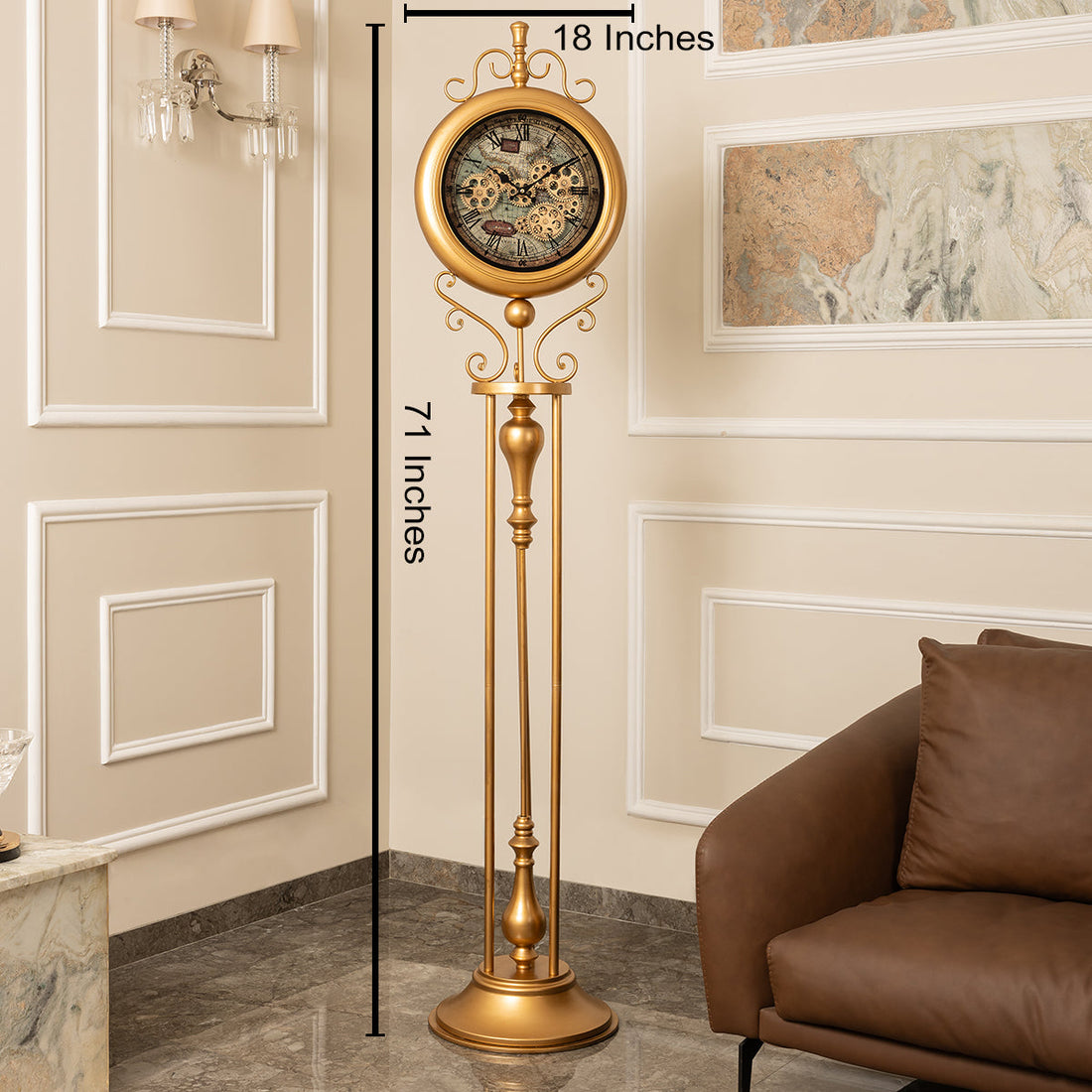 Victorian Timeless Tradition Luxury Designer Standing Clock With Moving Gear Mechanism (Steel Body)