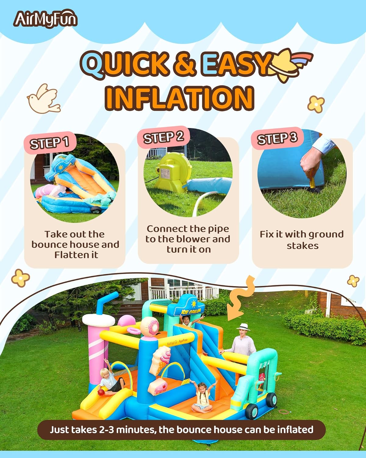AirMyFun Inflatable Bounce House for Big Kids 8-12, Bouncy Castle for Kids 3-6 Toddler Bouncy House with Double Slide Ice Cream Theme