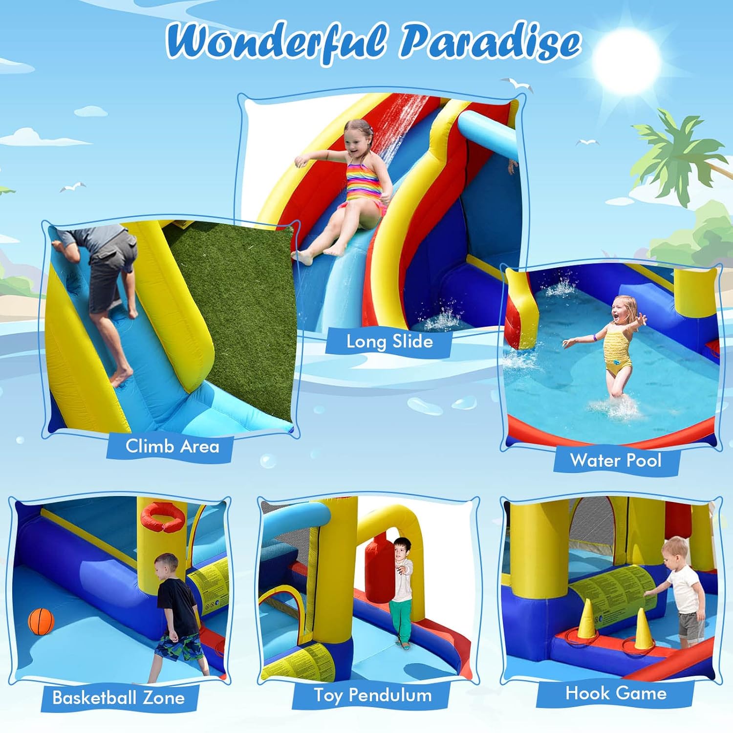 Inflatable Water Slide Bounce House, 6-in-1 Kids Water Park Jump Castle