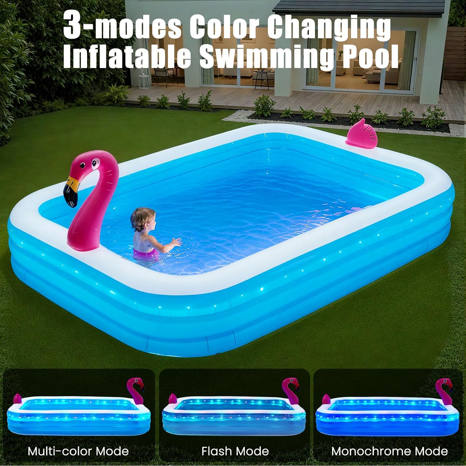 Inflatable Pool with Lights, Upgraded Family Inflatable Swimming Pool for Kids in Backyard- Large, Thickened, Ideal for Kids & Adults, Flamingo Blue with air blower