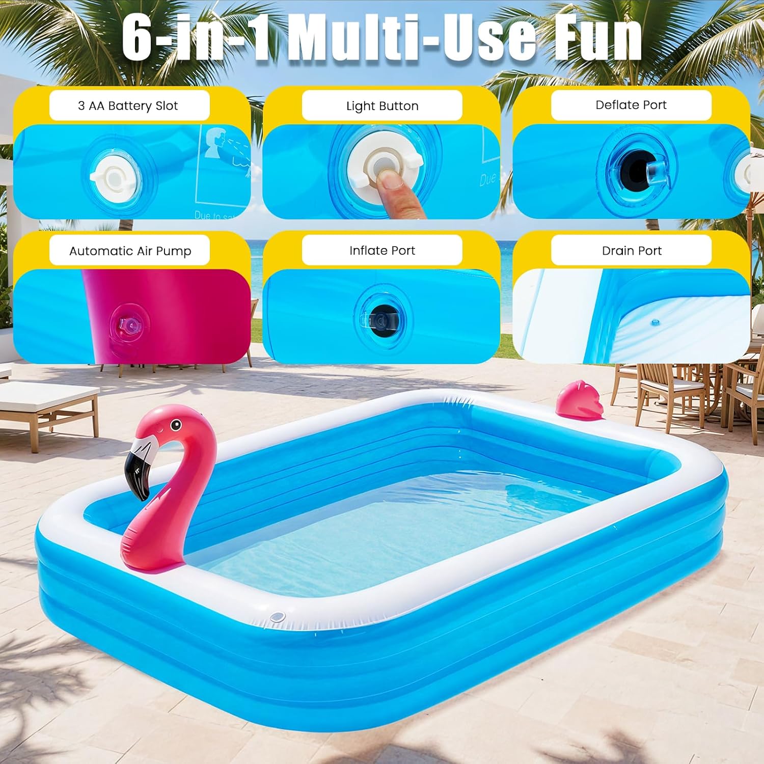Inflatable Pool with Lights, Upgraded Family Inflatable Swimming Pool for Kids in Backyard- Large, Thickened, Ideal for Kids & Adults, Flamingo Blue with air blower