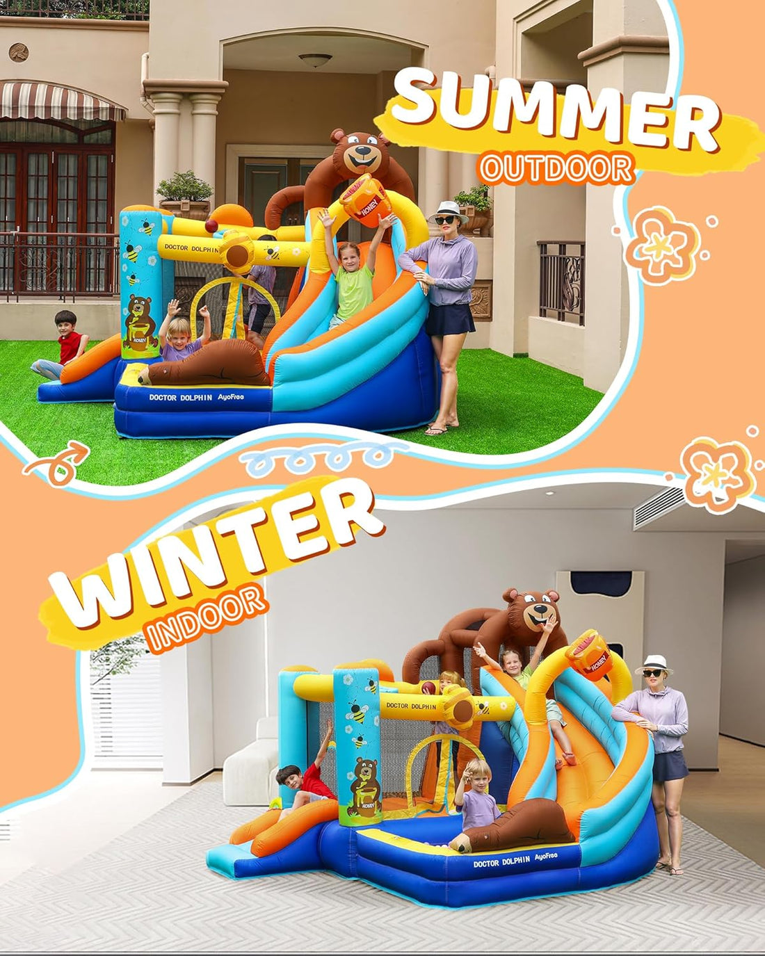 Inflatable Bounce House for Kids Fun, Double Slide Jumping Inflatable Bouncer