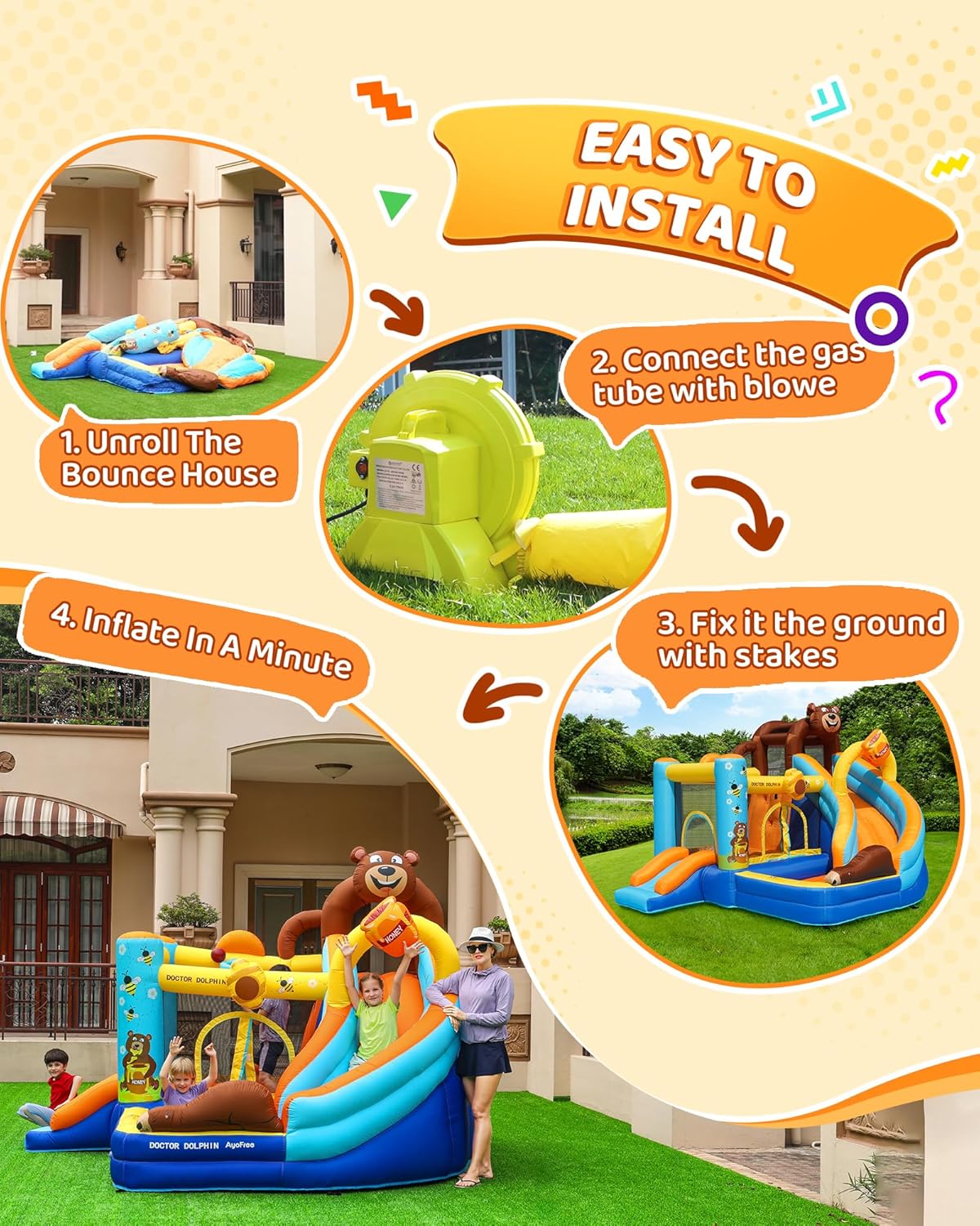 Inflatable Bounce House for Kids Fun, Double Slide Jumping Inflatable Bouncer