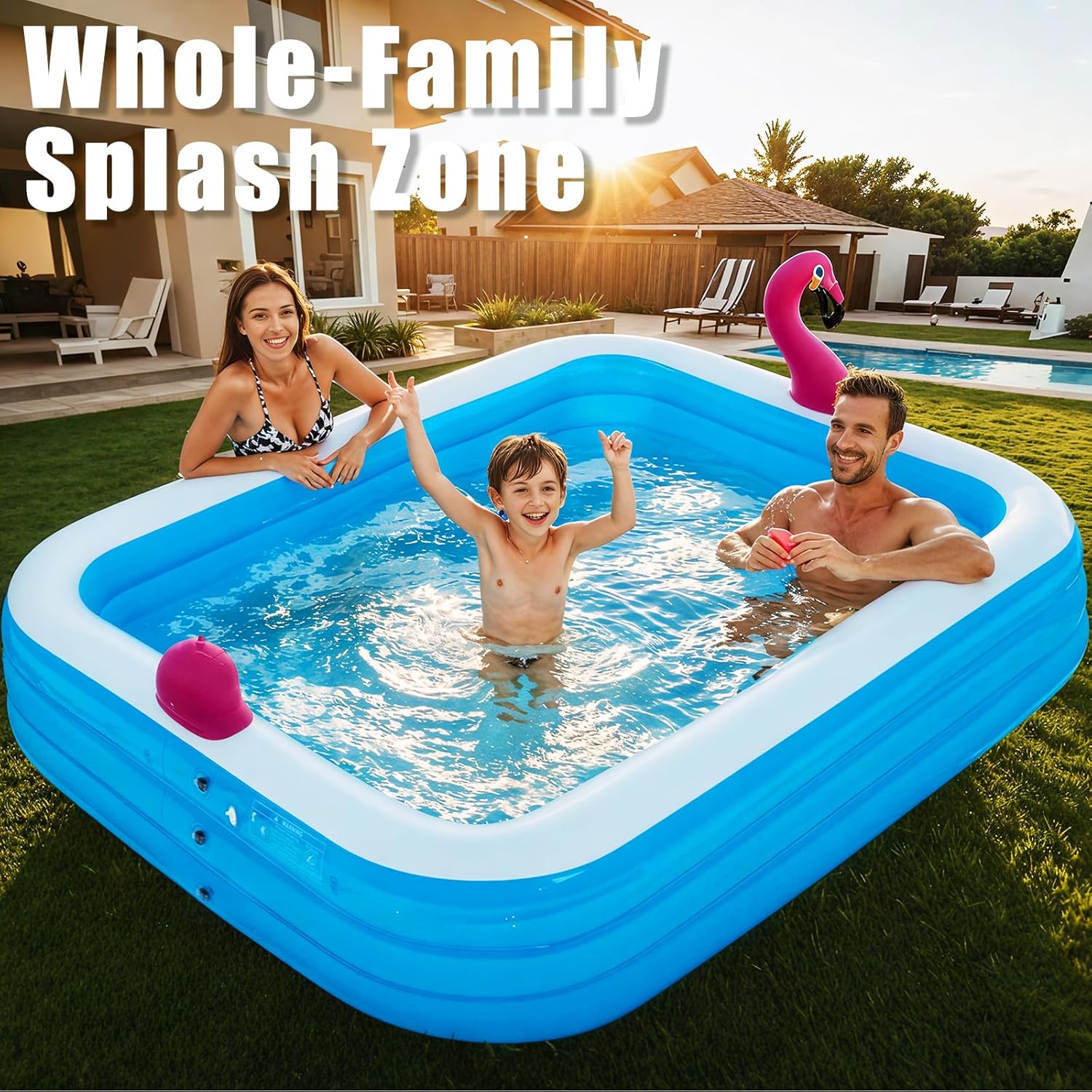 Inflatable Pool with Lights, Upgraded Family Inflatable Swimming Pool for Kids in Backyard- Large, Thickened, Ideal for Kids & Adults, Flamingo Blue with air blower