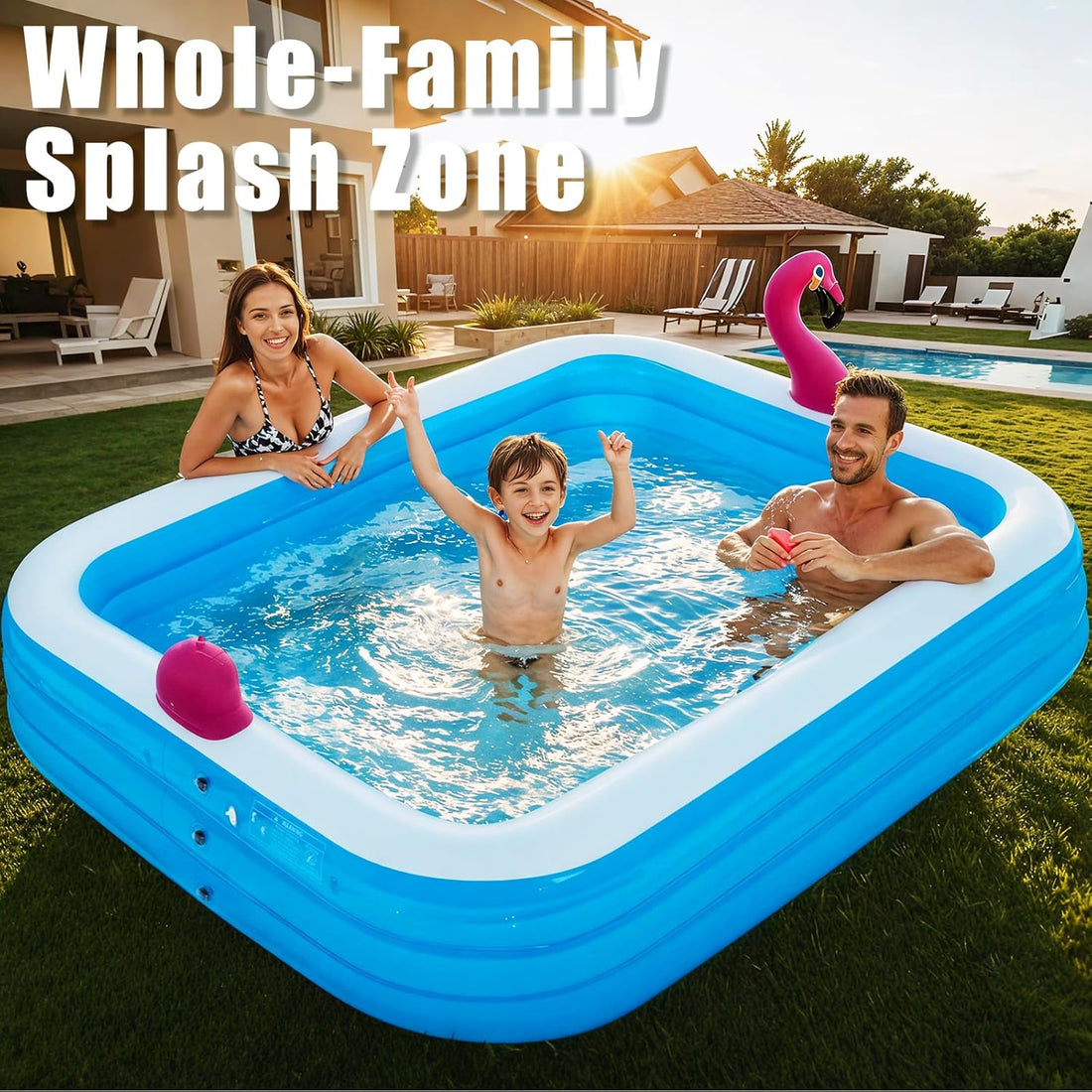 Inflatable Pool with Lights, Upgraded Family Inflatable Swimming Pool for Kids in Backyard- Large, Thickened, Ideal for Kids & Adults, Flamingo Blue with air blower