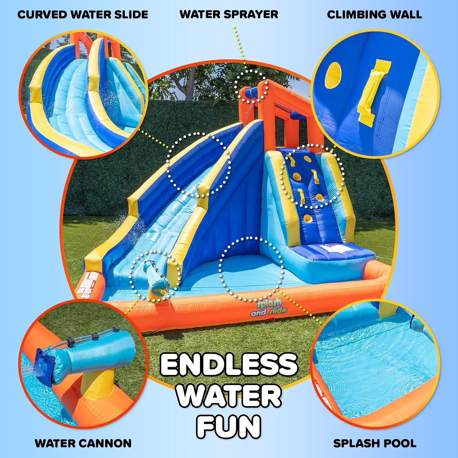 Big Wave II Large Outdoor Inflatable Water Slide with Climbing Wall & Splash Pool