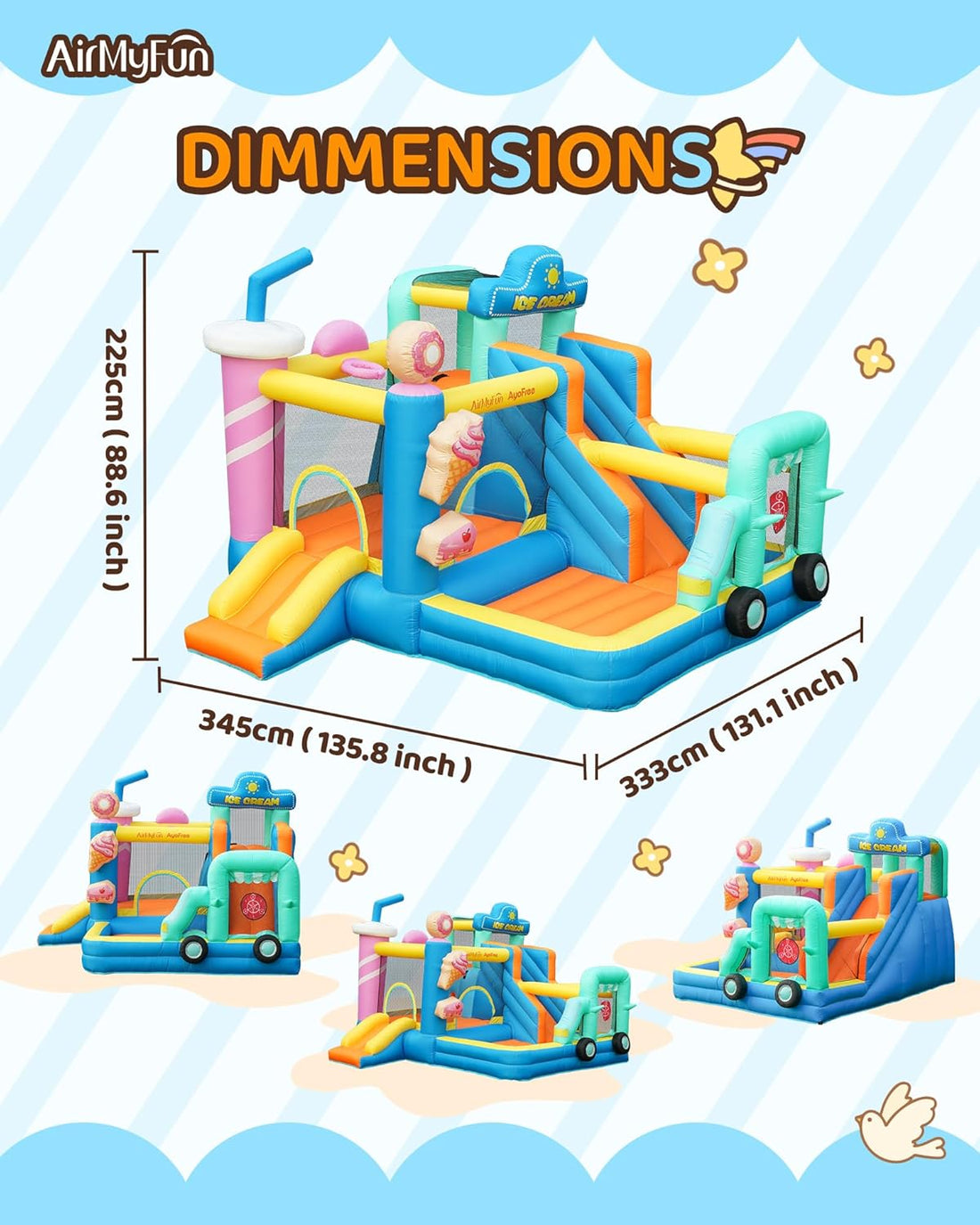 AirMyFun Inflatable Bounce House for Big Kids 8-12, Bouncy Castle for Kids 3-6 Toddler Bouncy House with Double Slide Ice Cream Theme
