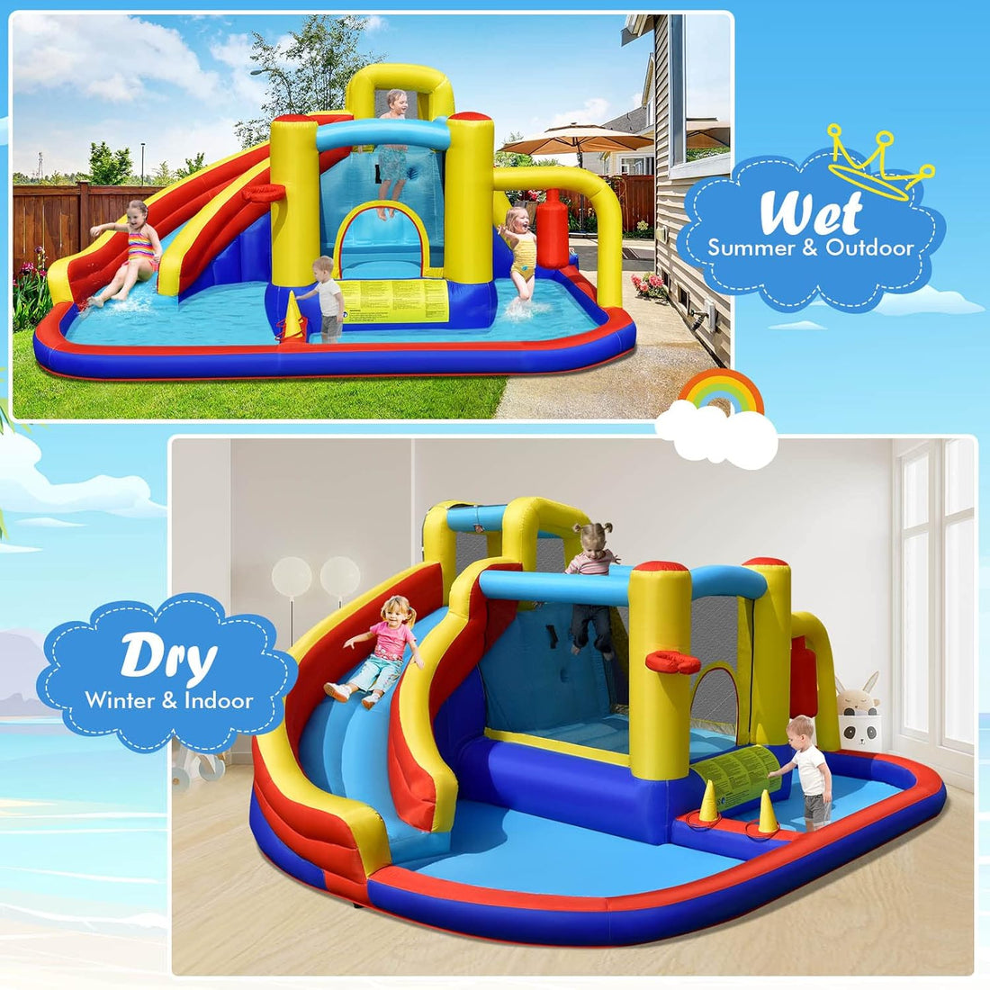 Inflatable Water Slide Bounce House, 6-in-1 Kids Water Park Jump Castle
