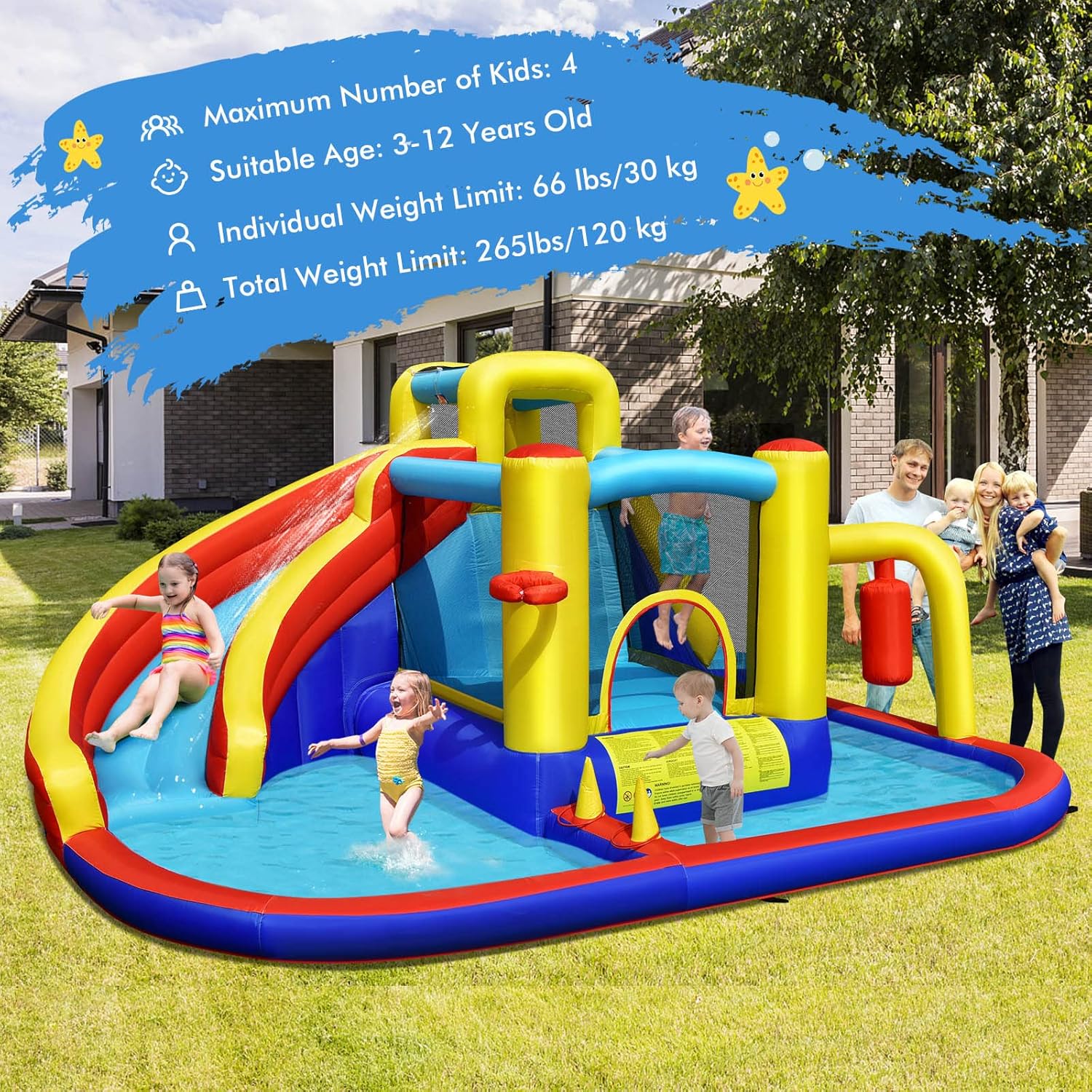 Inflatable Water Slide Bounce House, 6-in-1 Kids Water Park Jump Castle