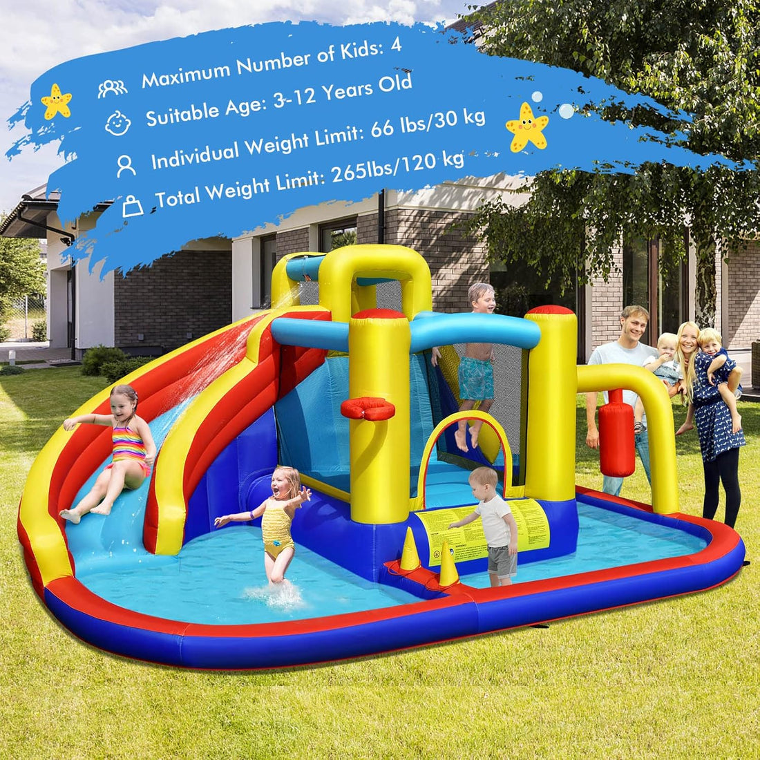 Inflatable Water Slide Bounce House, 6-in-1 Kids Water Park Jump Castle