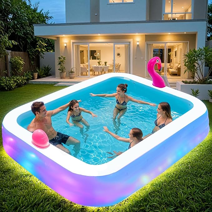 Inflatable Pool with Lights, Upgraded Family Inflatable Swimming Pool for Kids in Backyard- Large, Thickened, Ideal for Kids & Adults, Flamingo Blue with air blower